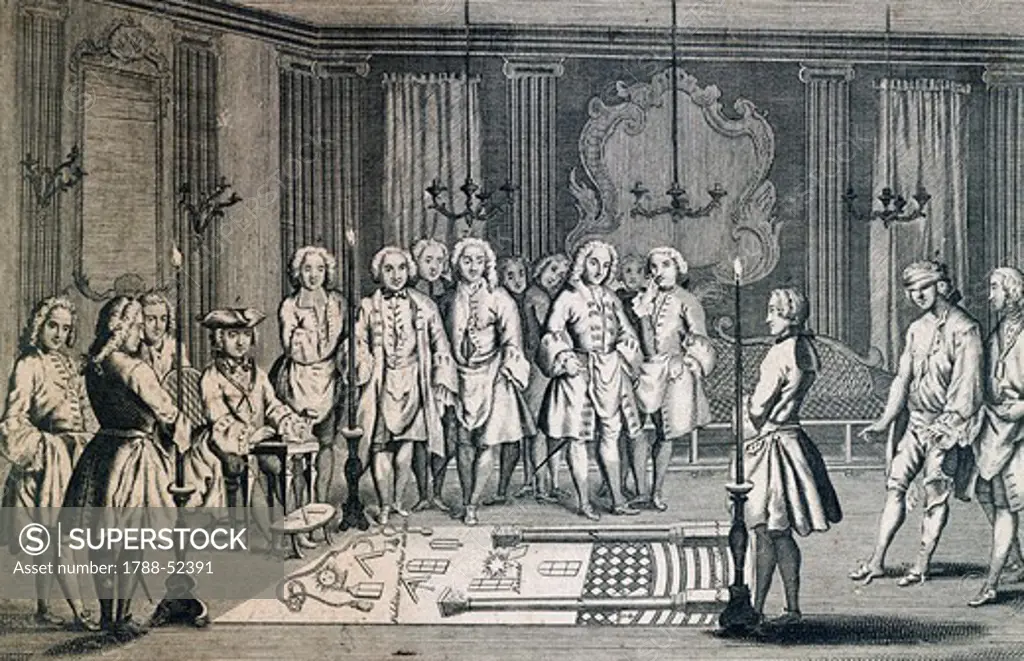 Masonic Lodge for the admission of apprentices to the Grand Orient of France, engraving. France, 18th century.