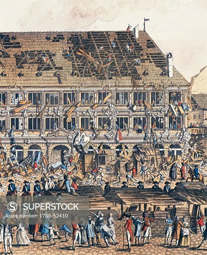 The sacking of the town hall in Strasbourg, July 21, 1789, engraving. French Revolution, France, 18th century.