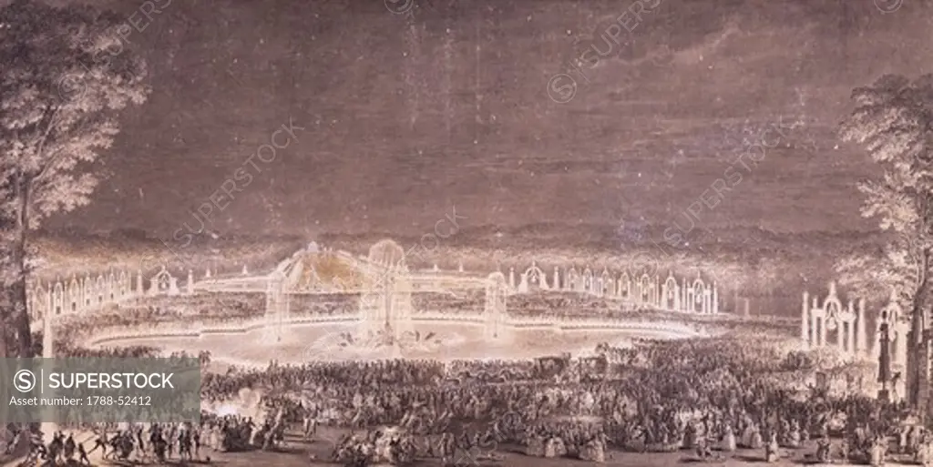 Engraving depicting the lighting of Versailles Park for the wedding of the Dauphin and Marie Antoinette in 1770. France, 18th century.