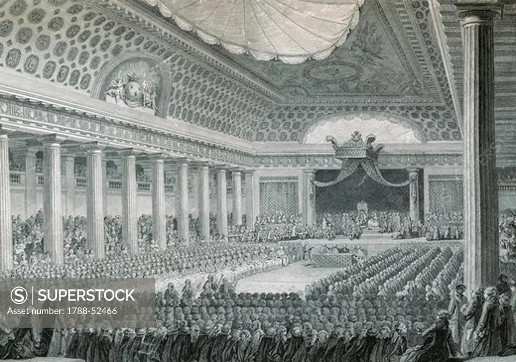 Opening of the States-General at Versailles in 1789, engraving by Helmann. French Revolution, France, 18th century.