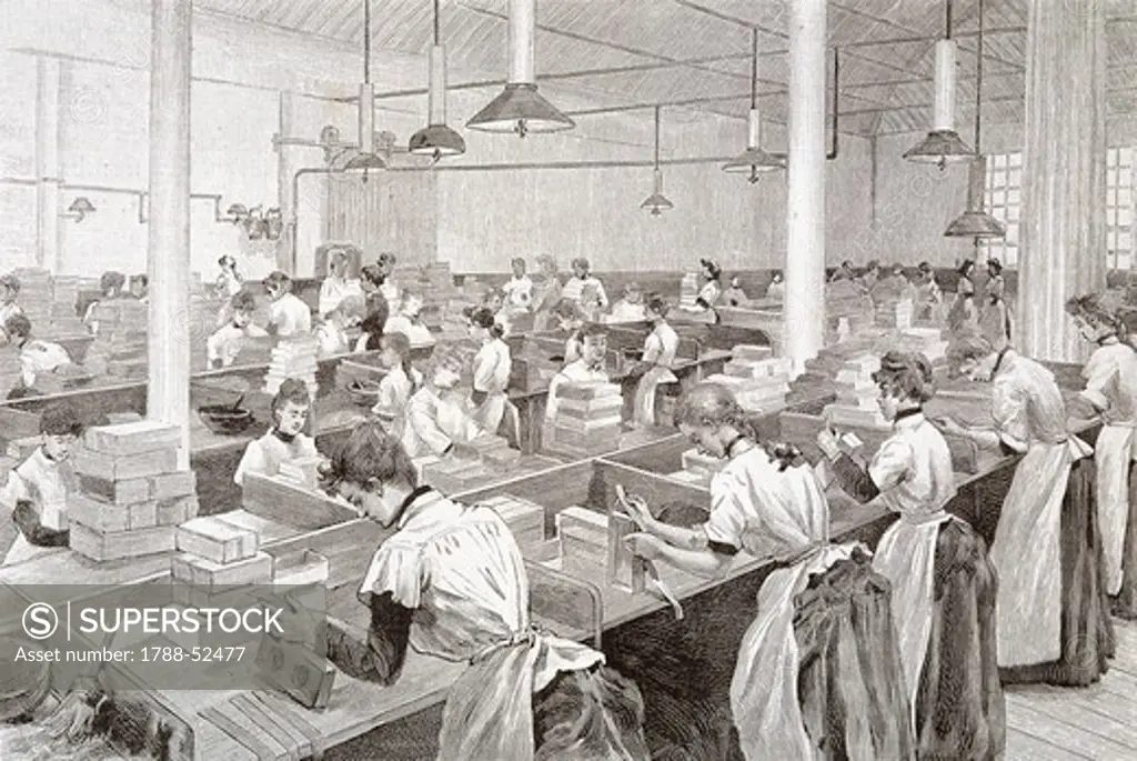 Manufacturing of boxes for candles for the Paris World Exposition, 1889. France, 19th century.