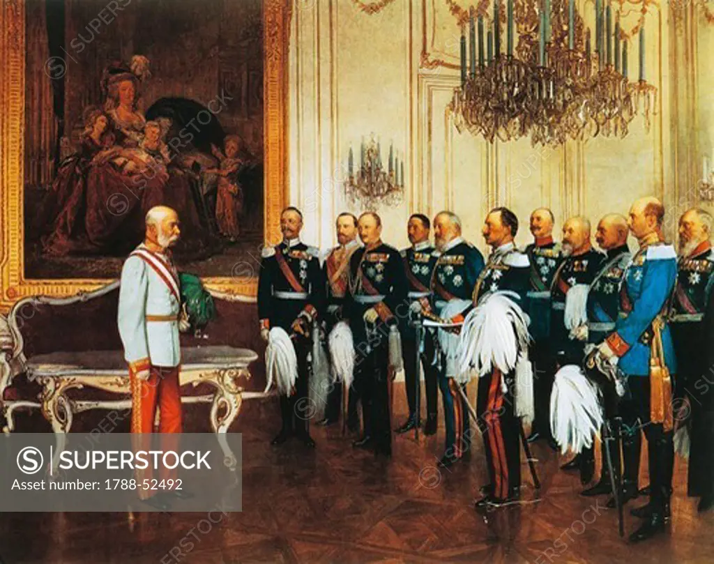 Francis Joseph and dignitaries at the Royal Palace in Vienna for the Emperor's jubilee. Austria, 19th century.