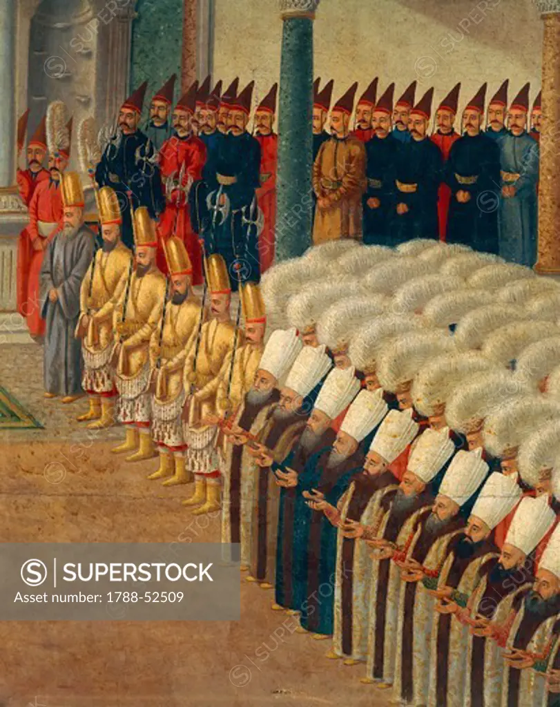 The guard of Janissaries, detail from the Reception at the Court of Selim III at the Topkapi Palace, gouache on paper. Detail. Turkey, 18th century.