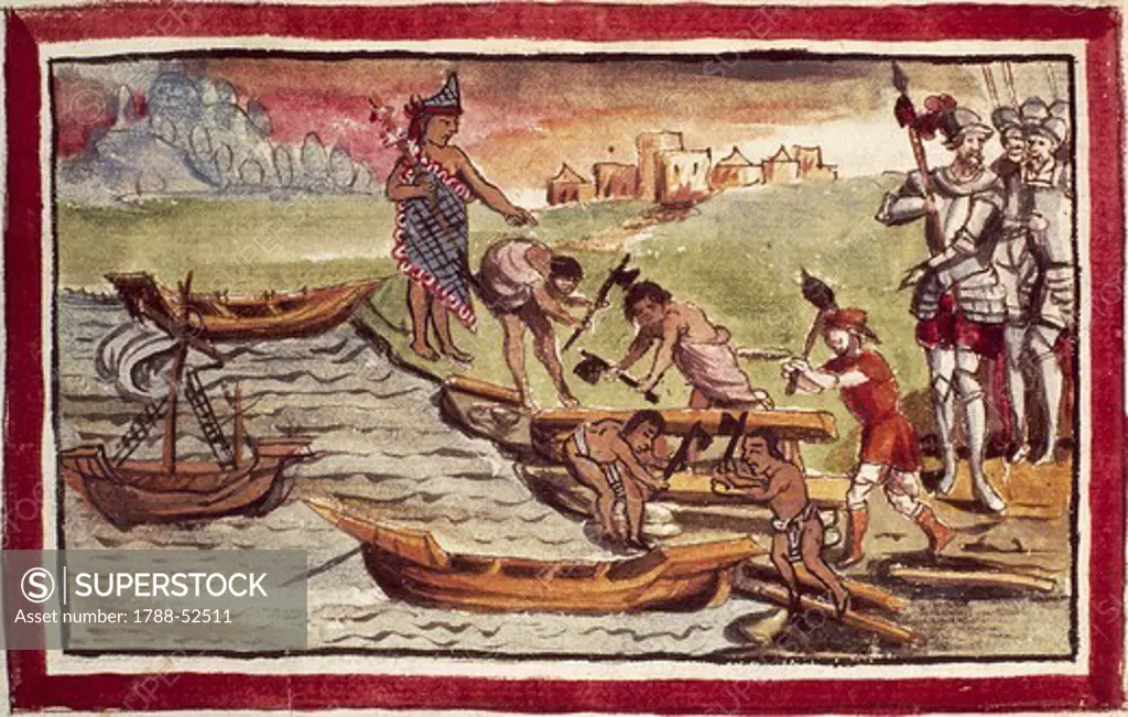 Indians building boats under the supervision of the Spanish, illustration taken from the History of the Indies, 1579, by Diego Duran, manuscript. Mexico, 16th century.