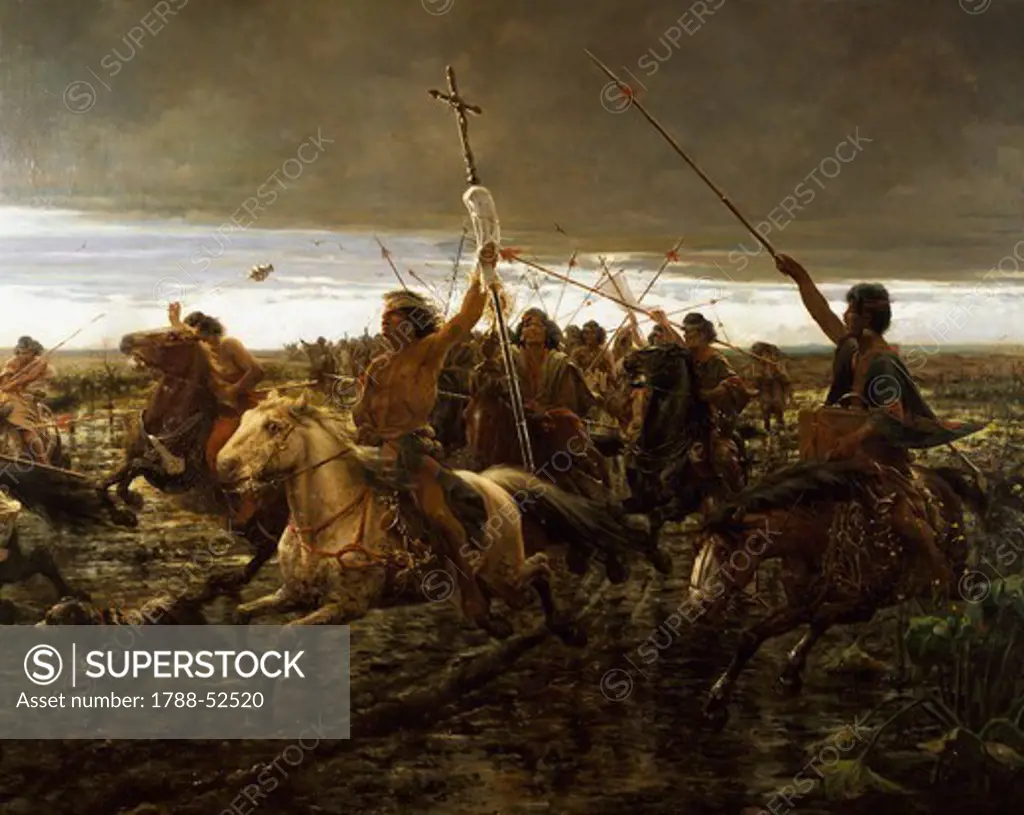 Revolt of the Indians against the church (the return of the radiers or la Vuelta del Malon), painting by Angel Della Valle (1852-1903). Argentina, 19th century.
