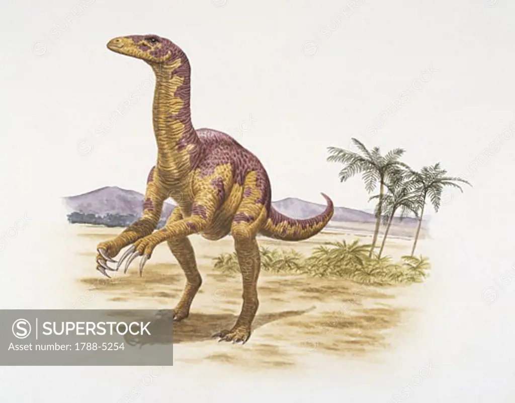 Nanshiungosaurus dinosaur standing on a landscape