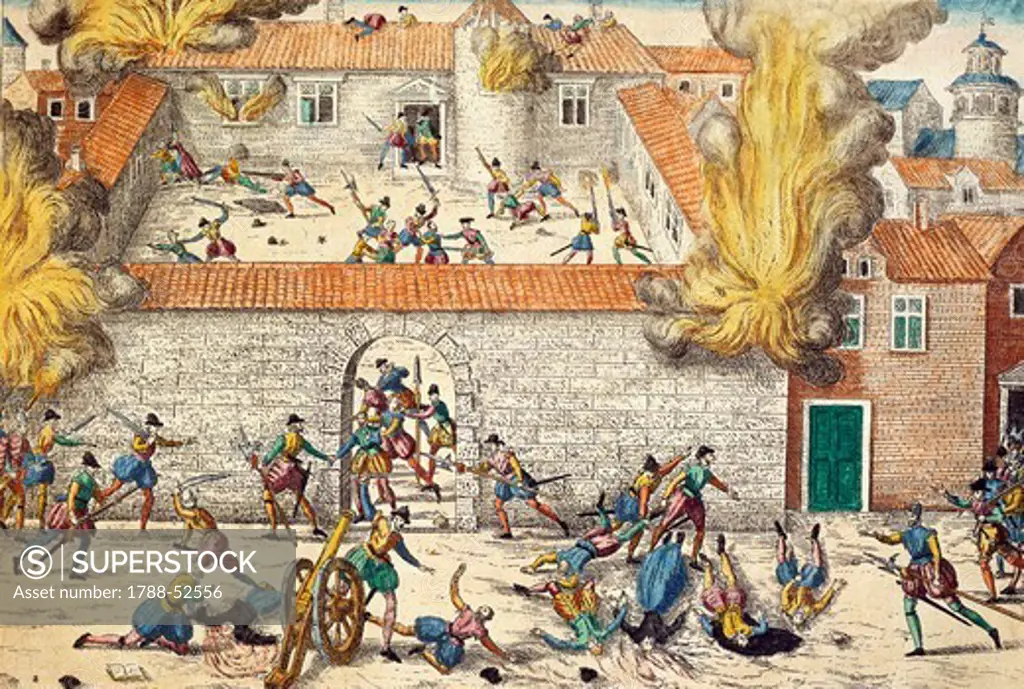 Massacre of Huguenots at the house of Cabriere in Cahors, November 1561, engraving by Franz Hogenberg (1535-1590). France, 16th century.