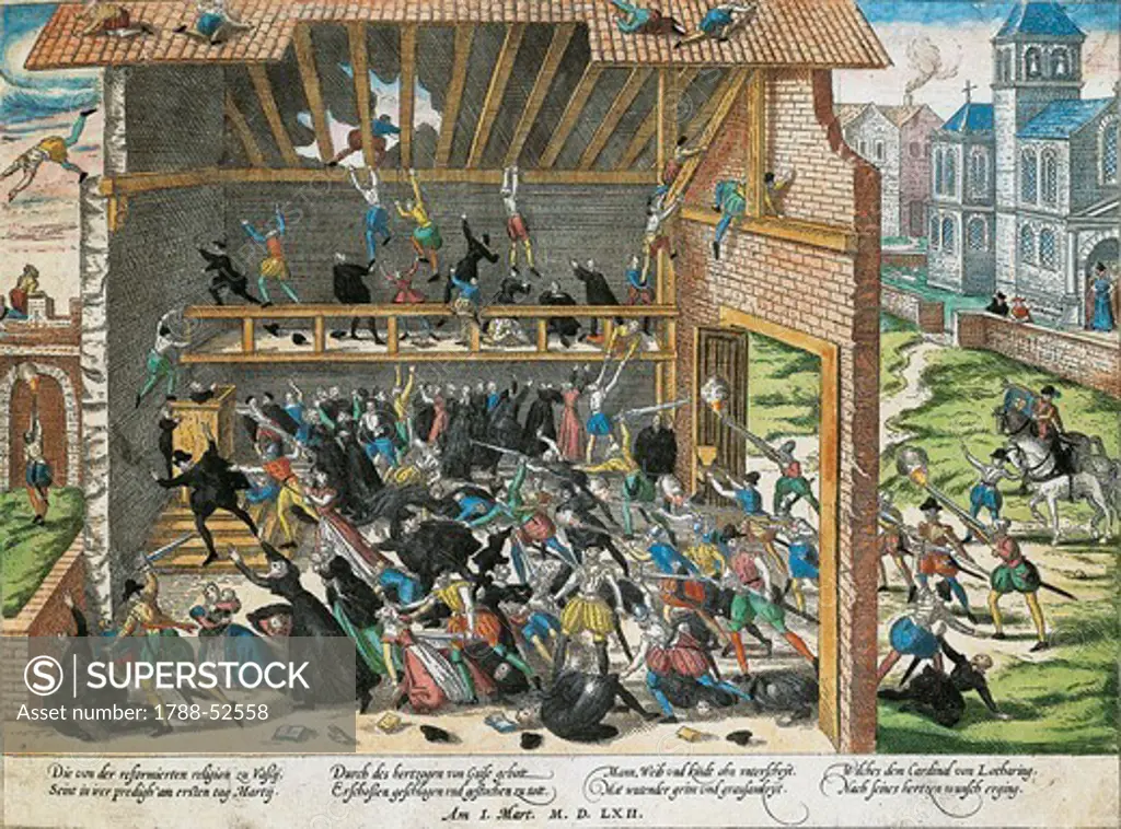 The massacre of Vassy in 1562. Wars of Religion, France, 16th century.