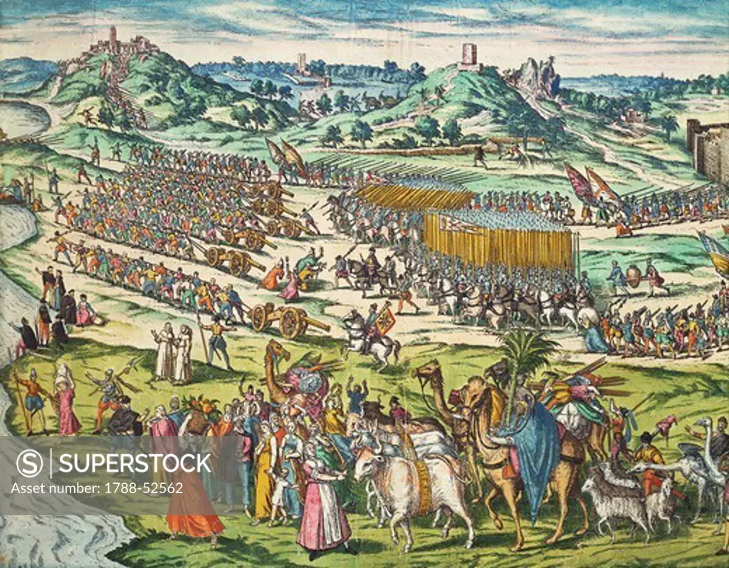 The conquest of Tunis by Charles V, 1535, by Franz Hogenberg (ca.1540-ca.1590), engraving. Tunisia, 16th century.