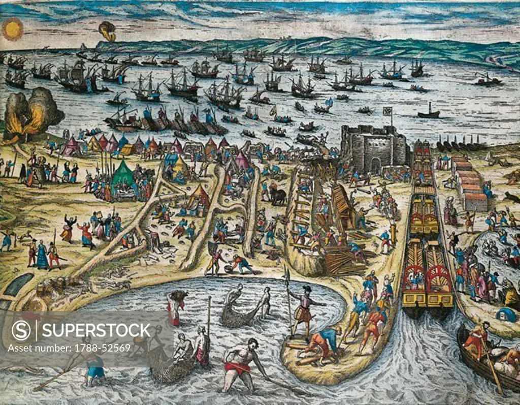 The capture of La Goulette and Tunis by Charles V, 1535, by Franz Hogenberg (ca.1540-ca.1590), engraving. Tunisia, 16th century.