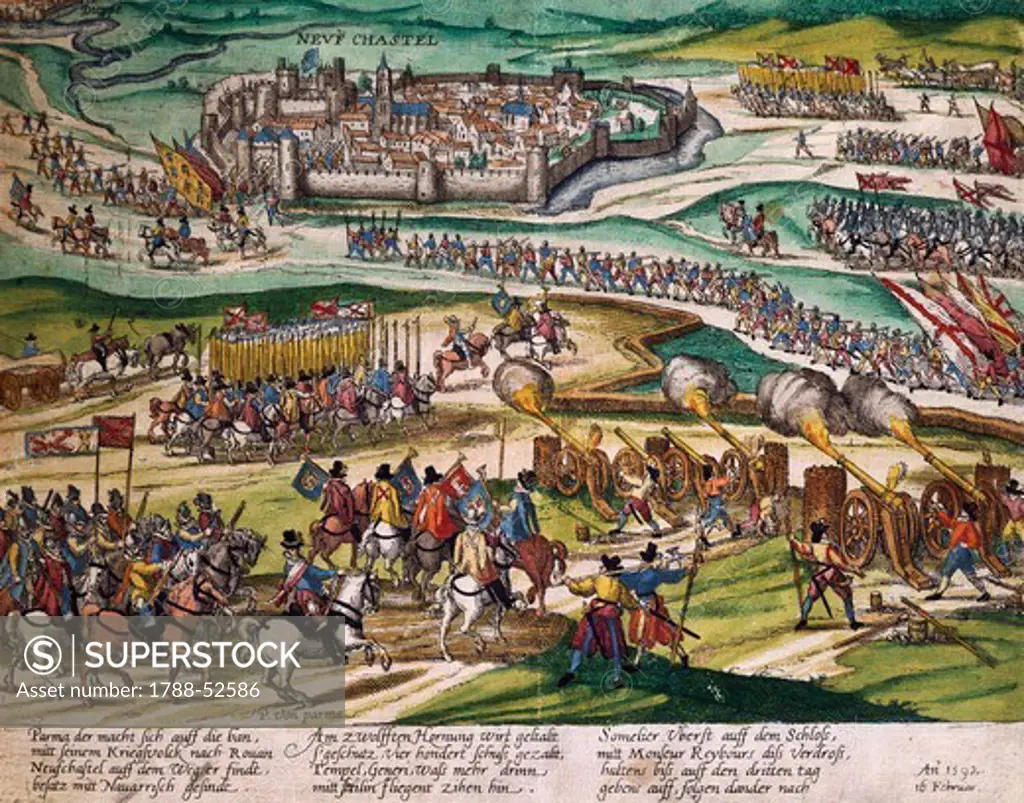The Prince of Parma conquers Neuchatel, 3 February, 1592, engraving by Franz Hogenberg (1535-1590). Switzerland, 16th century.