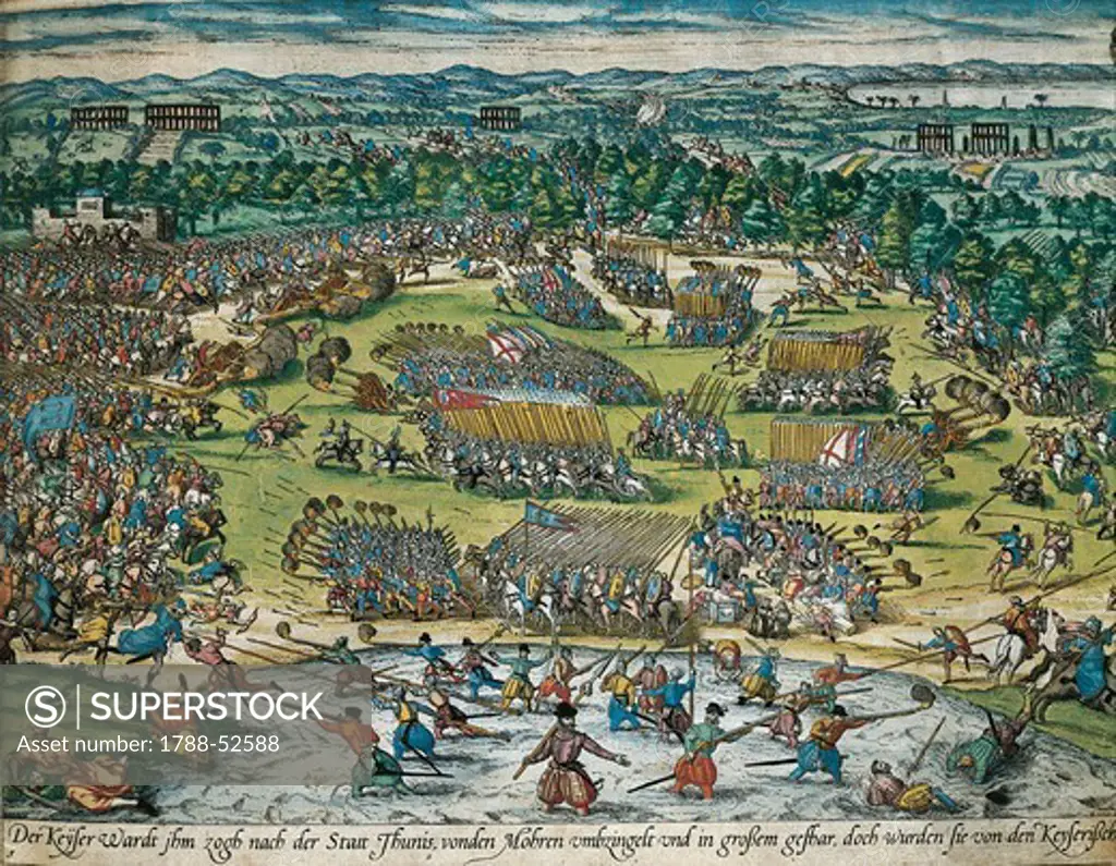 Charles V's army against Tunis, 1535, by Franz Hogenberg (ca.1540-ca.1590), engraving. Tunisia, 16th century.