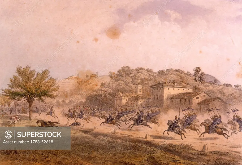 Piedmontese cavalry charge at Genestrello, 1859, coloured etching. Second War of Independence, Italy 19th century.