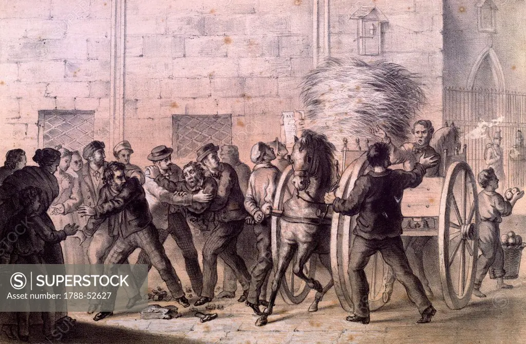 Inmates escaping from Bourbon prisons in Sicily, April 9, 1860. Unification era, Italy, 19th century.