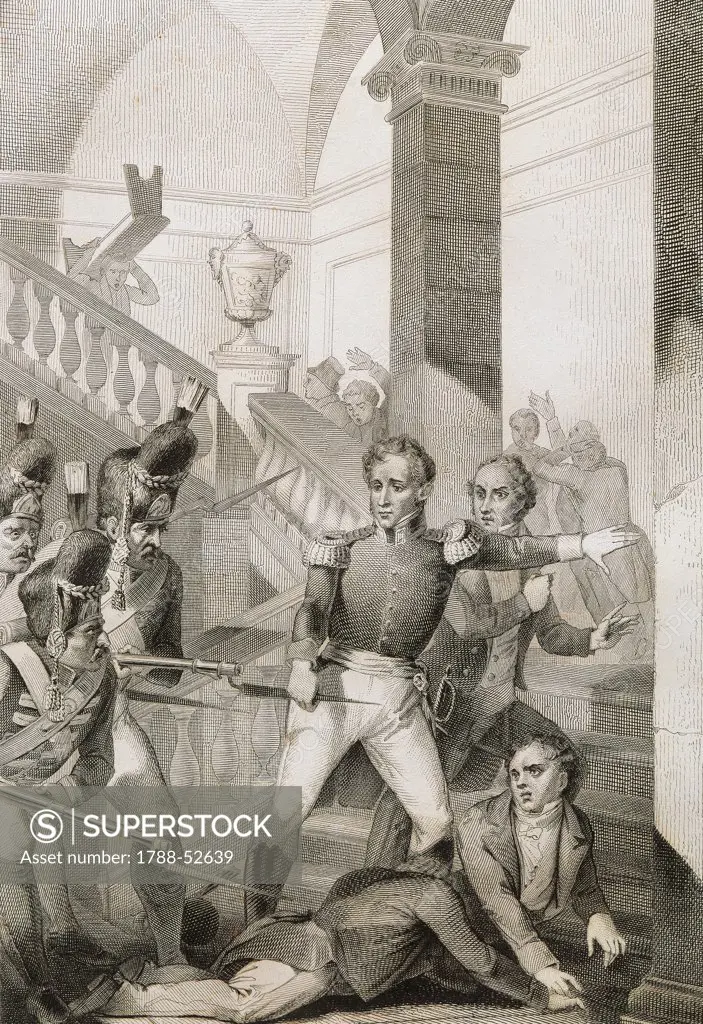 The students revolt at the University of Turin, 1821. Unification era, Italy, 19th century.