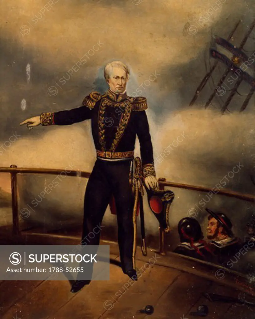 Admiral Guillermo Brown on the deck of the ship during the Battle of Los Pozos, scene from the Rio de la Plata War (1839-1852). Argentina, 19th century.