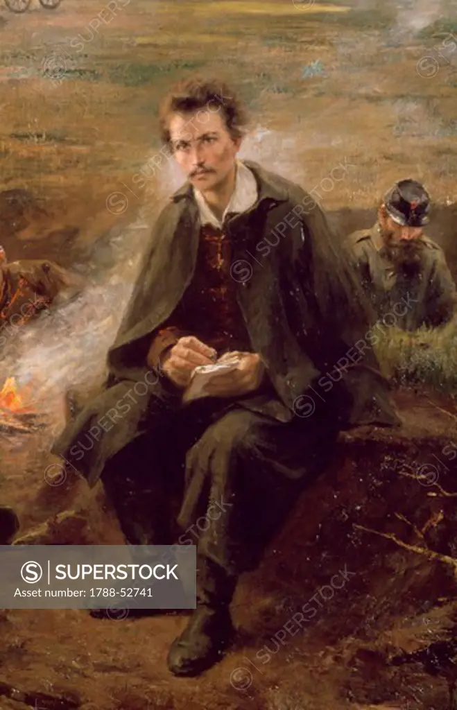 Hungarian poet and patriot Sandor Petofi (1823-1849) at a camp, 1896, by Imre Emerich Revesz (1859-1945). Detail. Habsburg Empire, Hungary, 19th century.