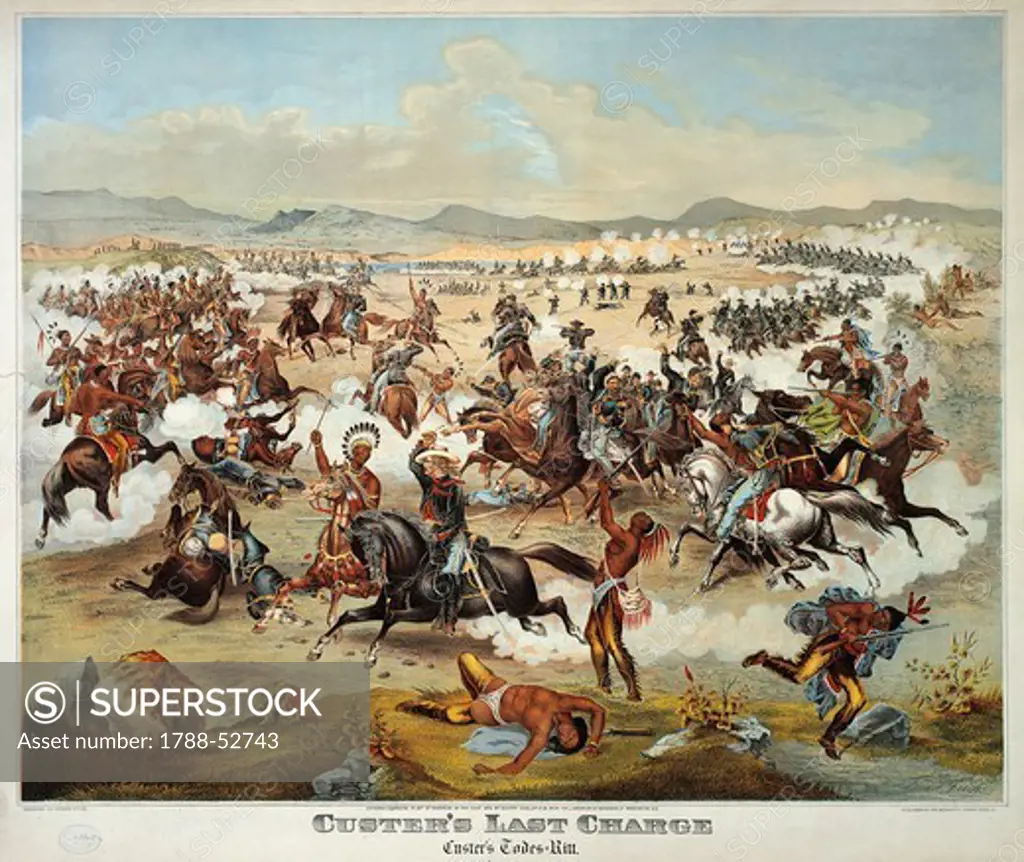General Custer's last stand at the Battle of Little Bighorn, June 25, 1876. Native American Wars, United States, 19th century.