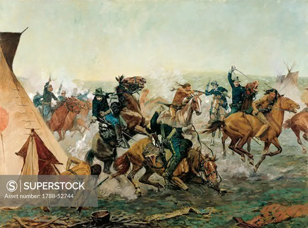 Attack of the Seventh Cavalry commanded by General Custer at the Cheyenne camp on the Washita River at dawn, November 27, 1868, painting by Charles Schreyvogel (1861-1912). Native American Wars, United States, 19th century.