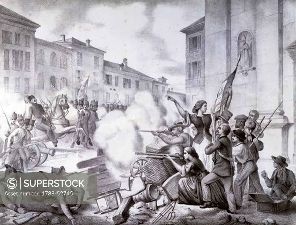 Ten Days of Brescia, March 23-April 1, 1849, engraving. First War of Independence, Italy, 19th century.