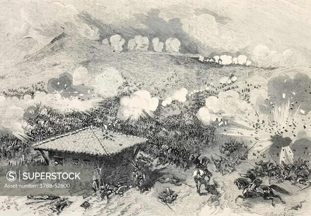 Battle of Shipka, Suleiman Pasha, leading forty battalions, launching a frontal attack on the heights of St. Nicholas defended by seven Russian battalions. Russo-Turkish War, Bulgaria, 19th century.
