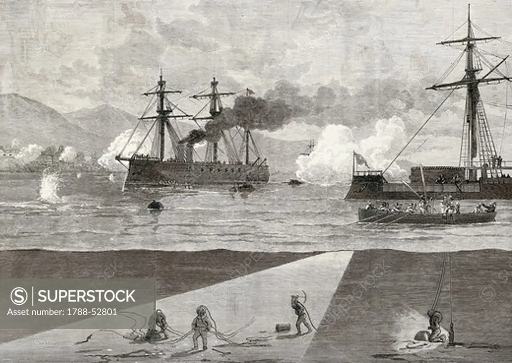 Turkish army divers remove the Russian torpedoes from the Black Sea off the coast of Poti, 1877. Russo-Turkish War, Georgia, 19th century.