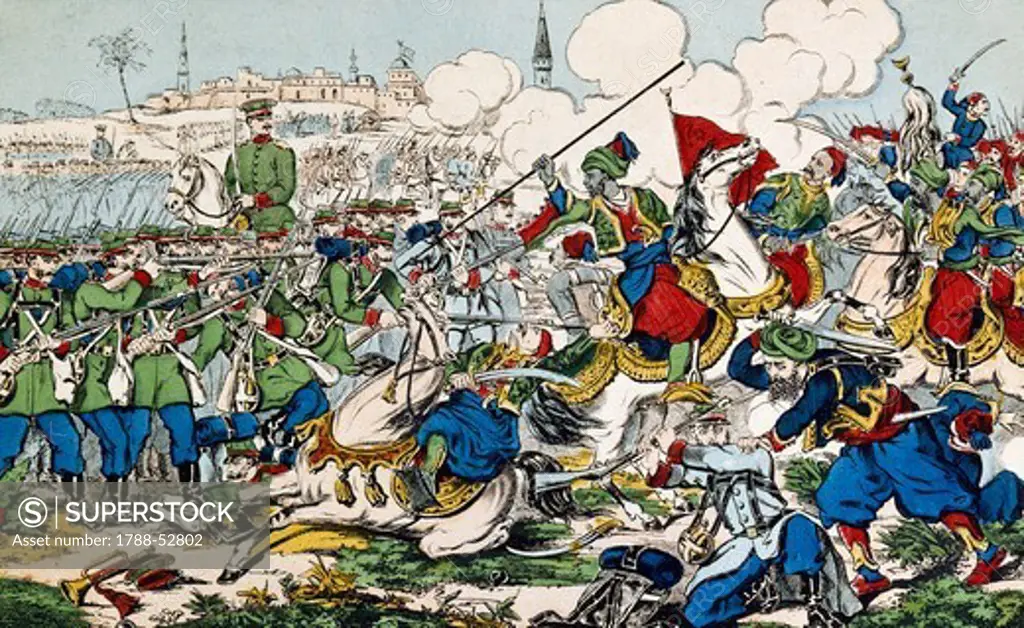 Battle of Pleven, Russian troops under General Schilder Schuldner, July 20, 1877, Epinal print. Russo-Turkish War, Bulgaria, 19th century.
