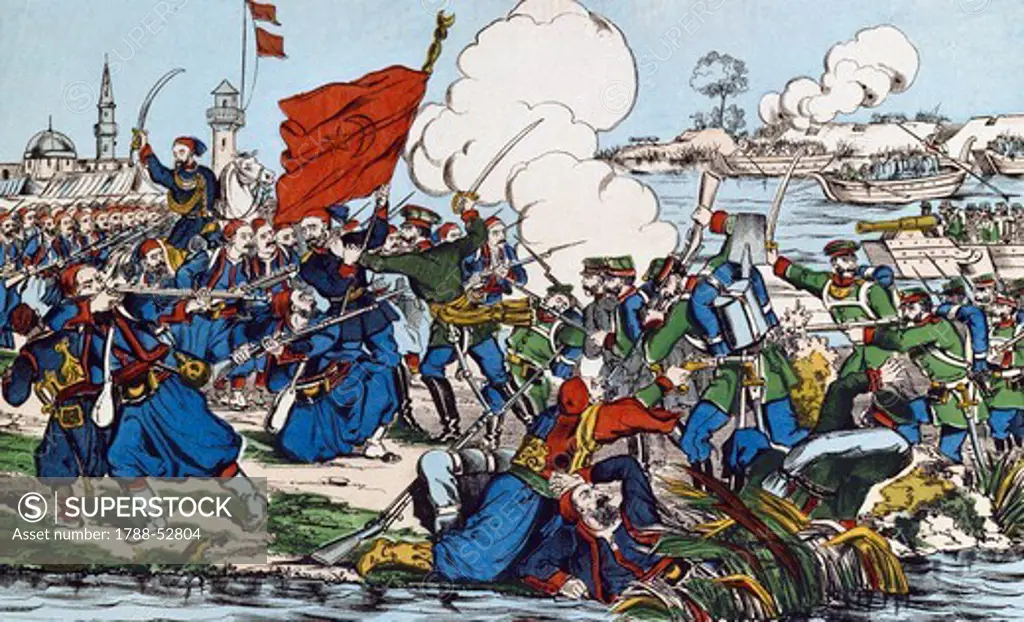 The Russian army crossing the Danube, June 22-23, 1877, Epinal print. Russo-Turkish War, Bulgaria, 19th century.