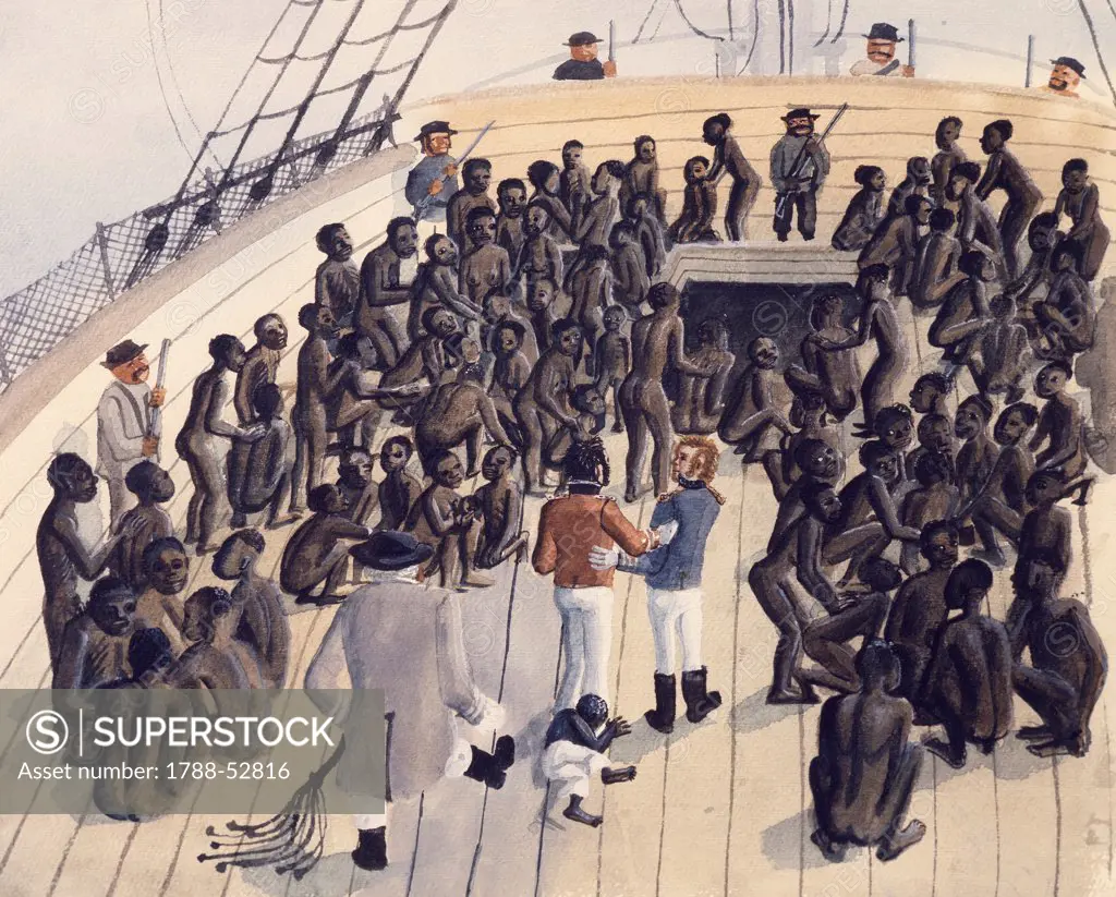 Watercolour depicting the voyage of the treatment of blacks in the former West African colonies. Slavery, Africa, 19th century.