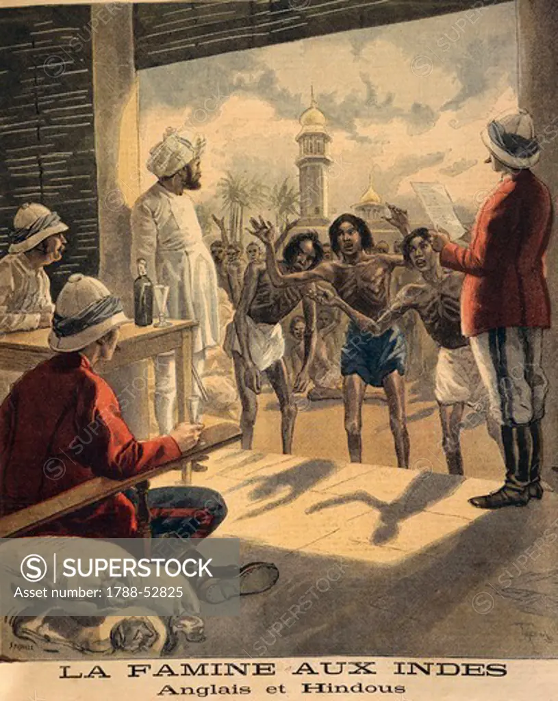 Famine, Hindu men in front of the British, 1897, illustration from Petit Journal. Colonial Wars, India, 19th century.