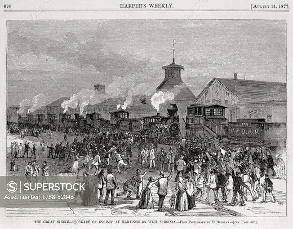 The Great Railway Strike halting locomotives at Martinsburg, West Virginia, engraving from Harper's Weekly, August 11, 1877. The United States, 19th century.