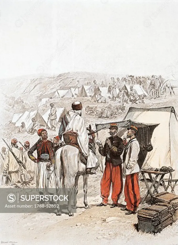 A Zouave Encampment, 1886, Jean Baptiste Edouard Detaille (1848-1912), coloured engraving. Colonial Wars, Tunisia 19th century.