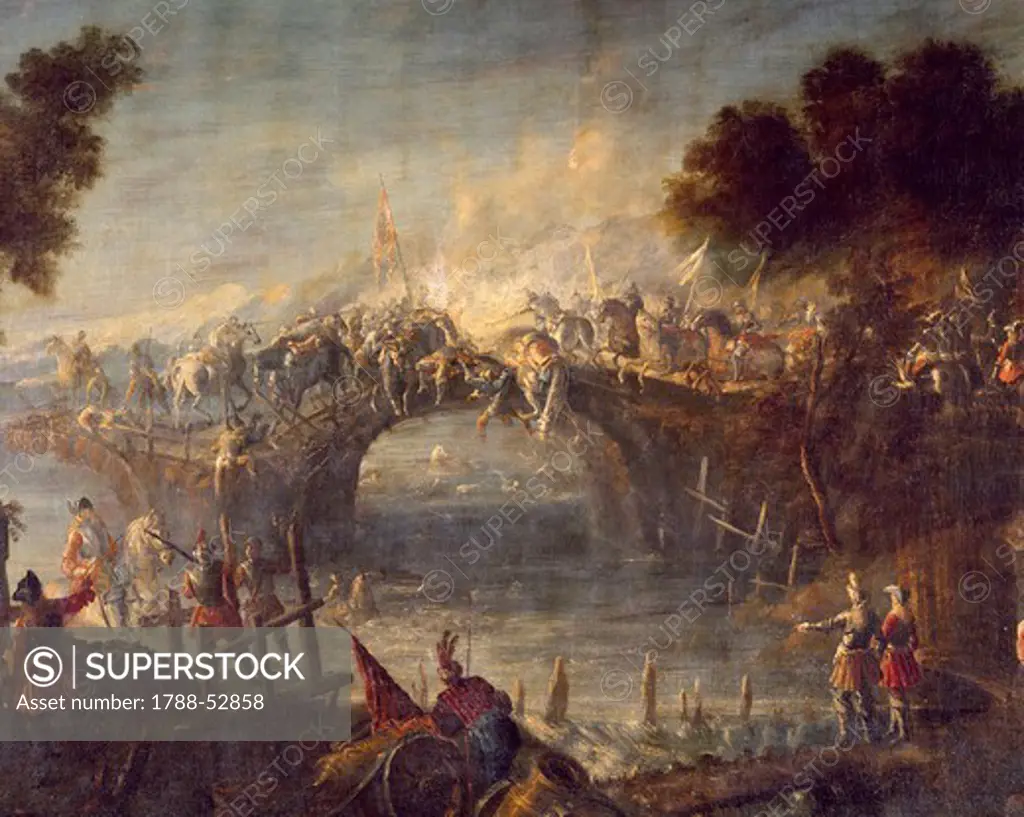 Battle of the Cassano d'Adda Bridge, August 16, 1705, by Francesco Monti (1685-1768). Detail. War of Spanish Succession, Italy, 18th century.