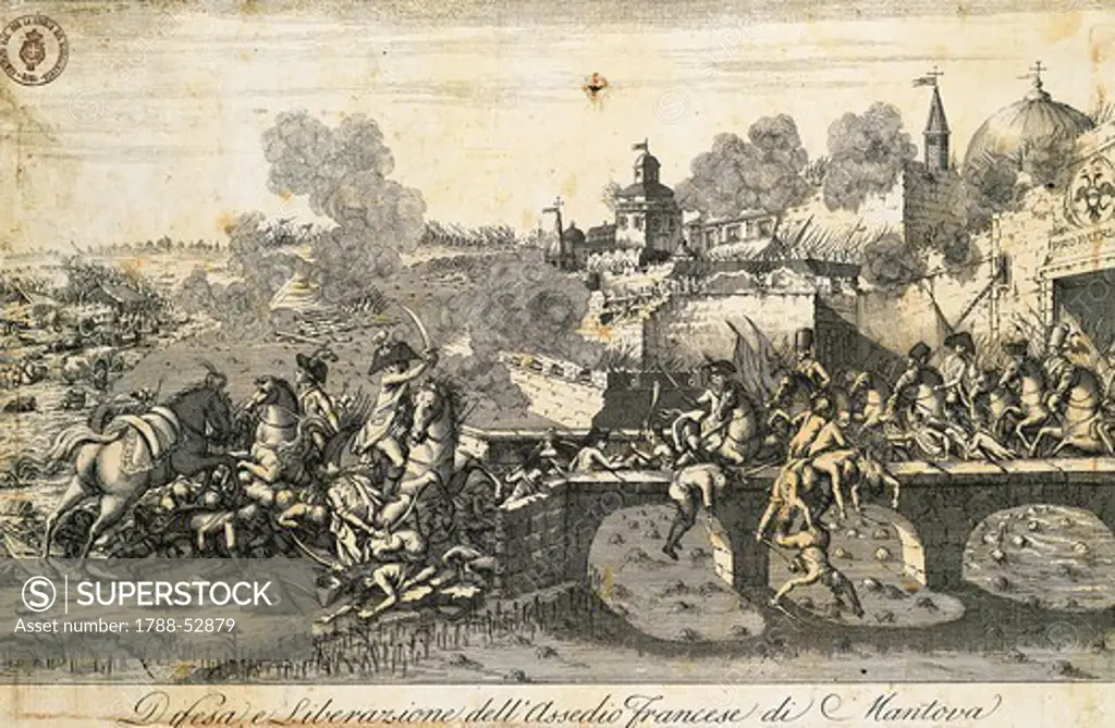 French laying seige to Mantua, 1796-1797, engraving. French Revolutionary Wars, Italy, 18th century.