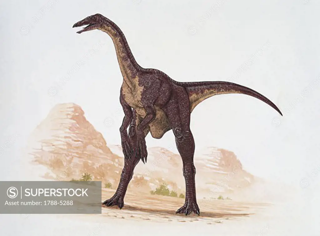 Close-up of a deinocheirus dinosaur standing on a landscape (Deinocheirus mirificus)