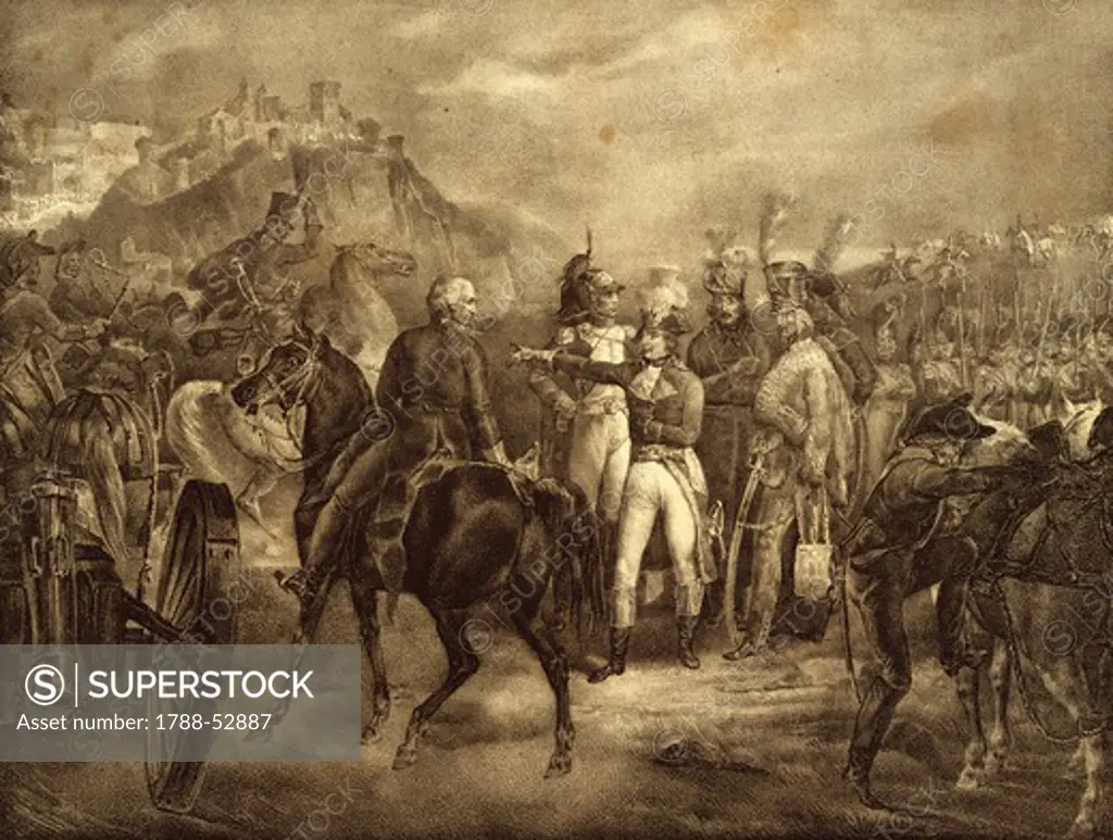 Napoleon Bonaparte sending Commissioner Gaspard Monge to San Marino, print. French Revolutionary Wars, San Marino, 18th century.