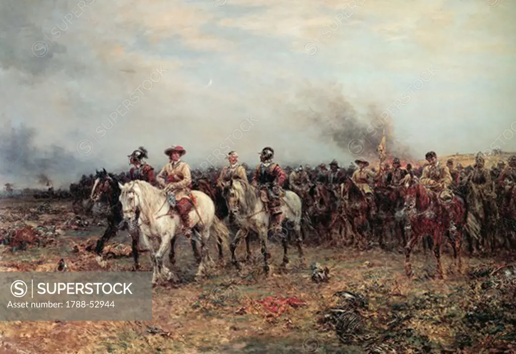 Cromwell at the head of his troops after the Battle of Marston Moor in 1644, by Ernest Crofts (1847-1911), oil on canvas. First English Revolution, England, 17th century.