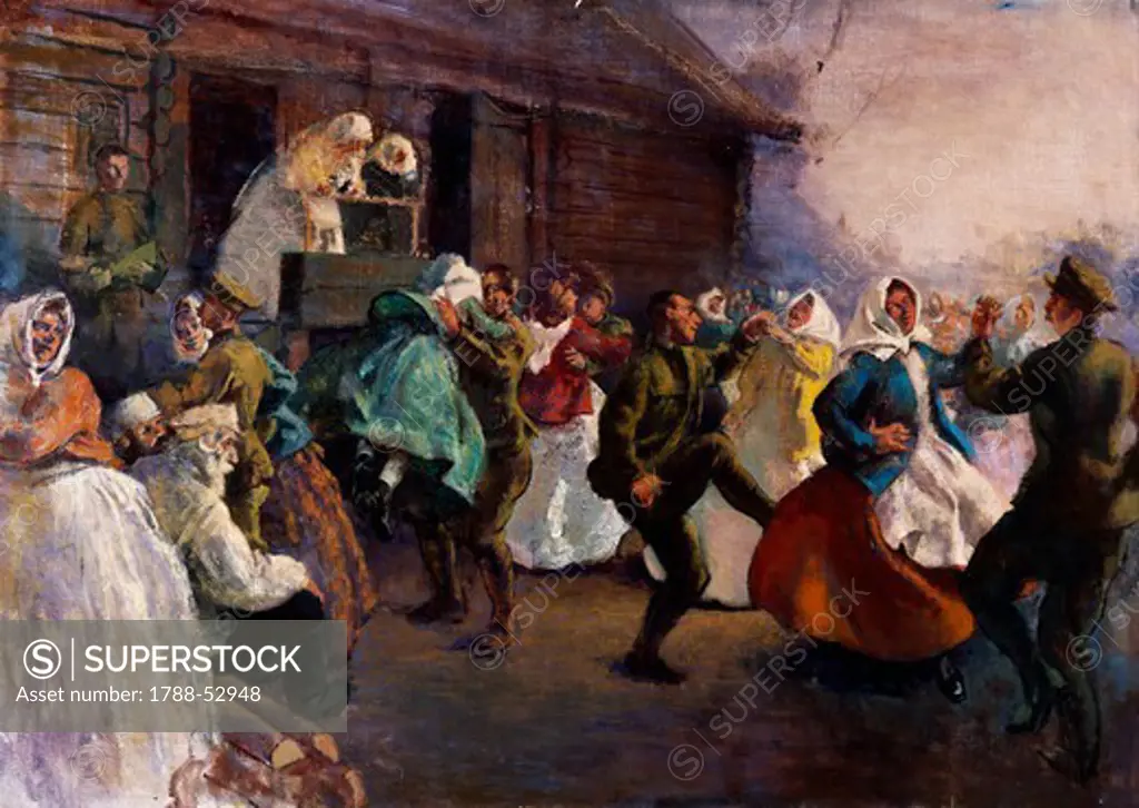 Soldiers dancing with peasants, 1919, by Henry Tonks (1862-1937), oil on canvas. World War I, Russia, 20th century.