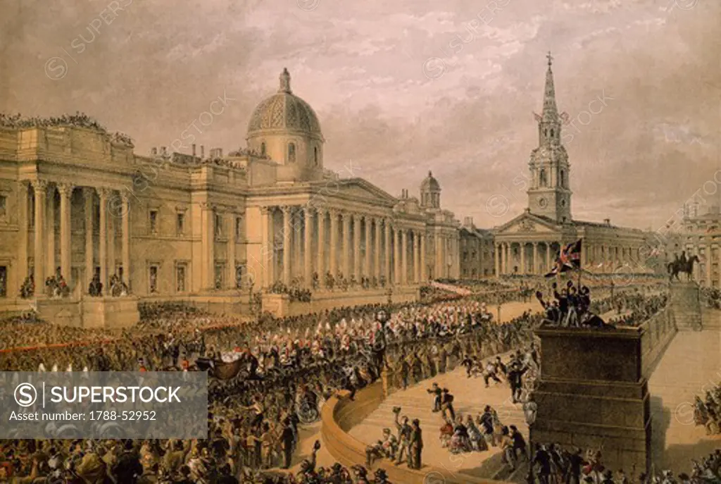 Prince of Wales and Alexandra of Denmark's wedding, 1863, the procession passing Trafalgar Square. Victorian age, England, 19th century.
