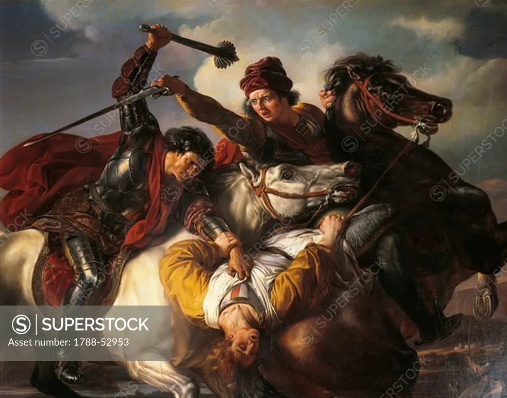 Farinata degli Uberti, a 13th Century Florentine Ghibelline Leader, at the Battle of Serchio, 1842, by Giuseppe Sabatelli (1813-1843), oil on canvas, 305x395 cm. Detail. Age of communes and lordships, Italy, 13th century.