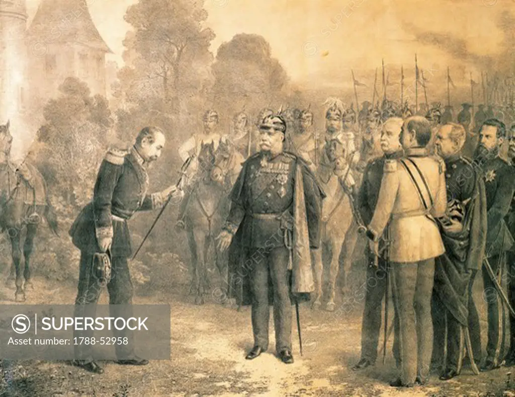 Surrender of Sedan, September 2, 1870, Napoleon III handing himself over to Kaiser Wilhelm I. Franco-Prussian War, France, 19th century.