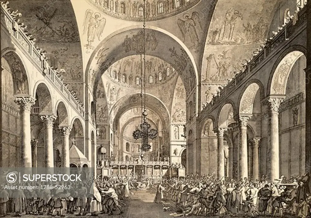 Venetian festival, the newly elected Doge of Venice being presented to the people in San Marco Basilica, by Giovanni Antonio Canal, known as Canaletto (1697-1768) and Giovanni Battista Brustolon (1712-1796), engraving. Italy, 18th century.
