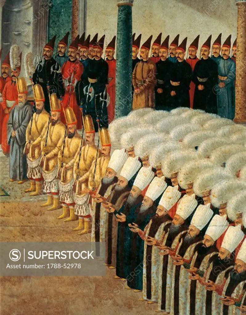 The guard of Janissaries, detail from the Reception at the Court of Selim III at the Topkapi Palace, gouache on paper. Detail. Turkey, 18th century.