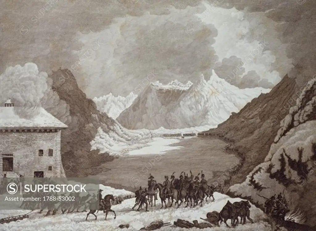 Napoleon's troops passing the Great St Bernard Pass, May 19, 1800. French Revolutionary Wars, Italy-Switzerland, 19th century.