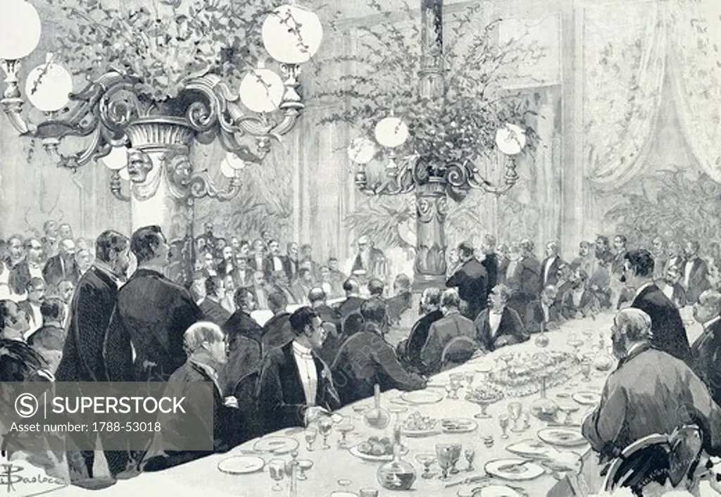 Rome election banquet for the elections of 1886, Depretis speech, print. Italy, 19th century.