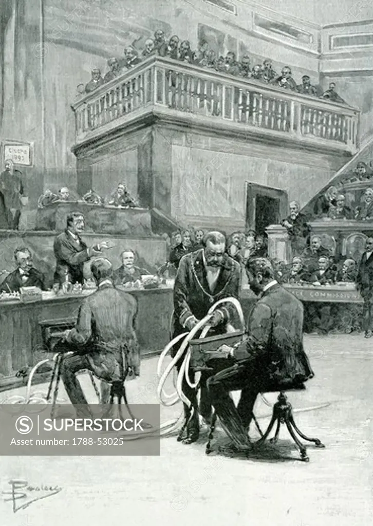 Debate in the Senate for the Pensions Act, Rome, June 2, 1893, from Italian Illustration. Italy, 19th century.
