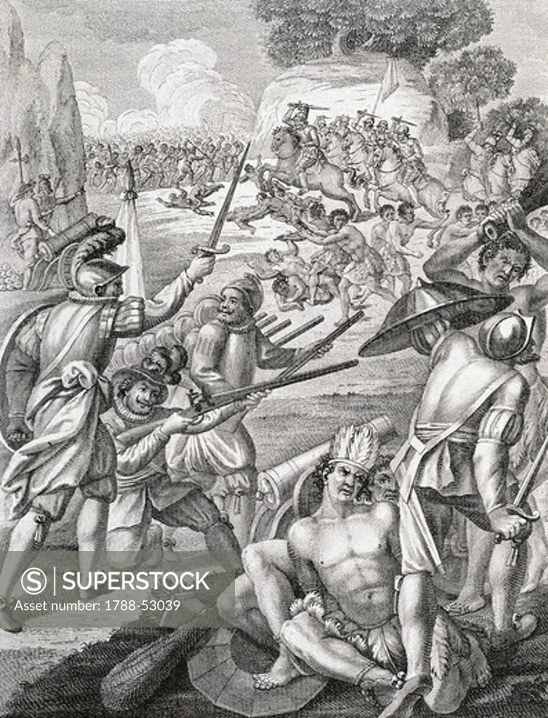 Battle between Hernan Cortes soldiers and the Indians of Tabasco. War in the West Indies, 16th century.