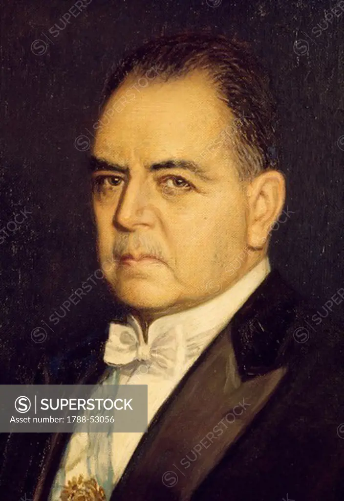 Portrait of Ippolito Irigoyen, Argentinian President in 1916-1922 and 1928-1930, painting by Bertole. Argentina, 20th century.