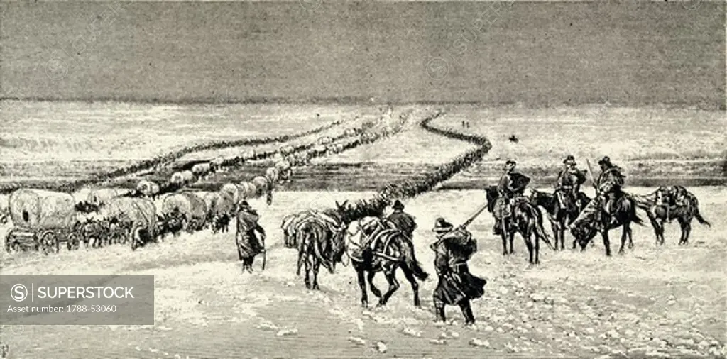 Powder River expedition against the Sioux crossing the Platte, November 14, 1876. Native American Wars, United States, 19th century.
