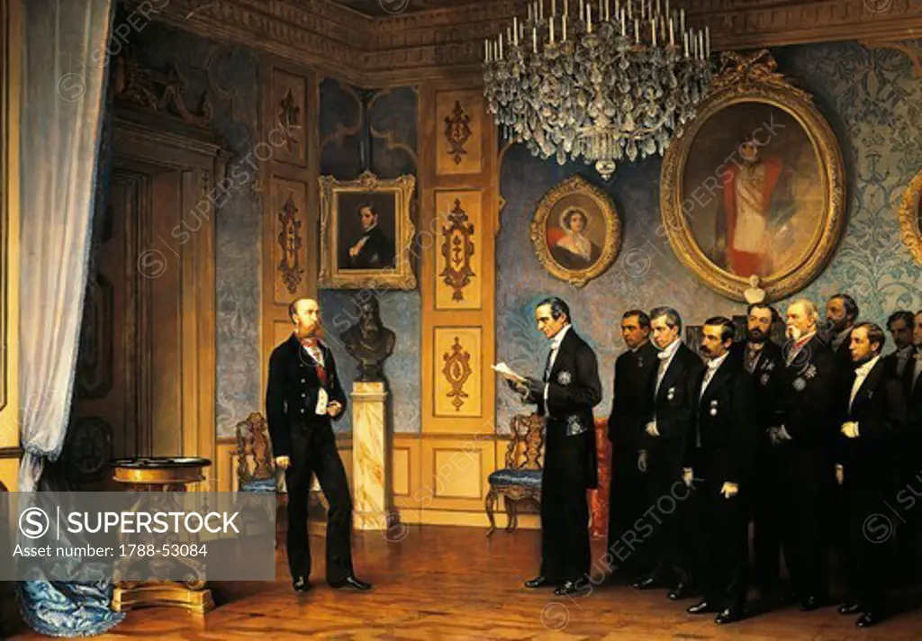 The Mexican delegation offering the Mexican imperial crown to Maximilian of Hapsburg, 1863, painting by Cesare dell'Acqua (1821-1905). Austria, 19th century.